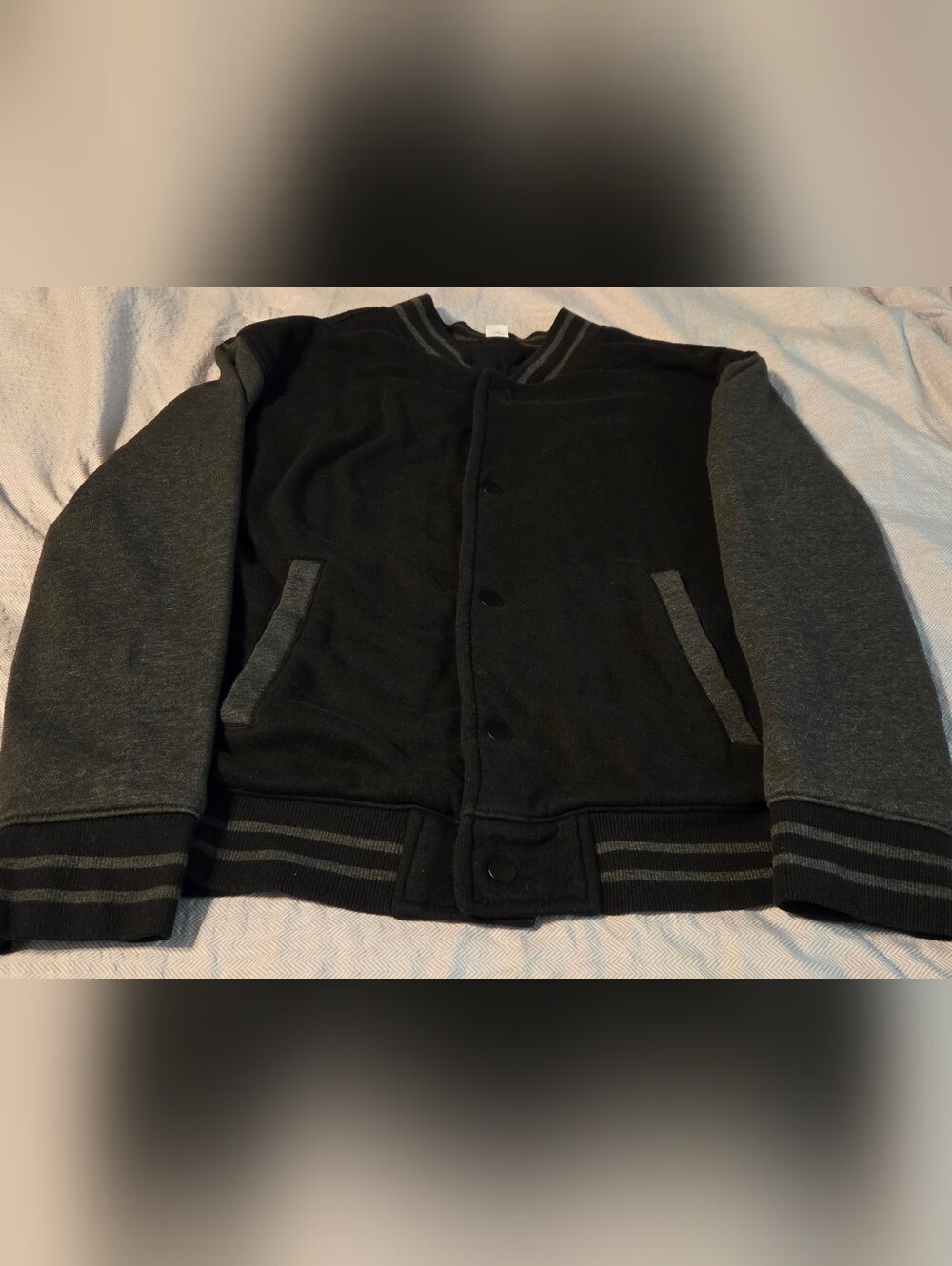 Boys Old Navy Black and Gray Varsity Bomber Jacket